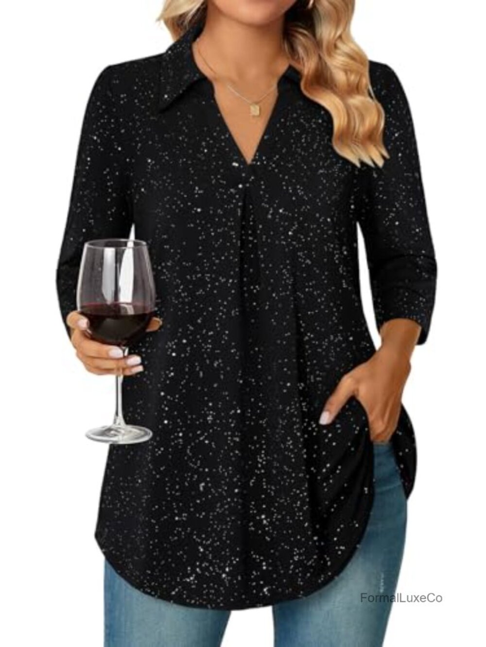 Bulotus 3/4 Sleeve Tunic Top V Neck Collared Blouse Work Office